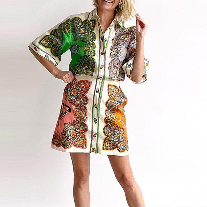 

Long Sleeved Dress2025 Summer New European and American Women clothes Lapel Single-Breasted Long sleeve Print Dress White background 3XL