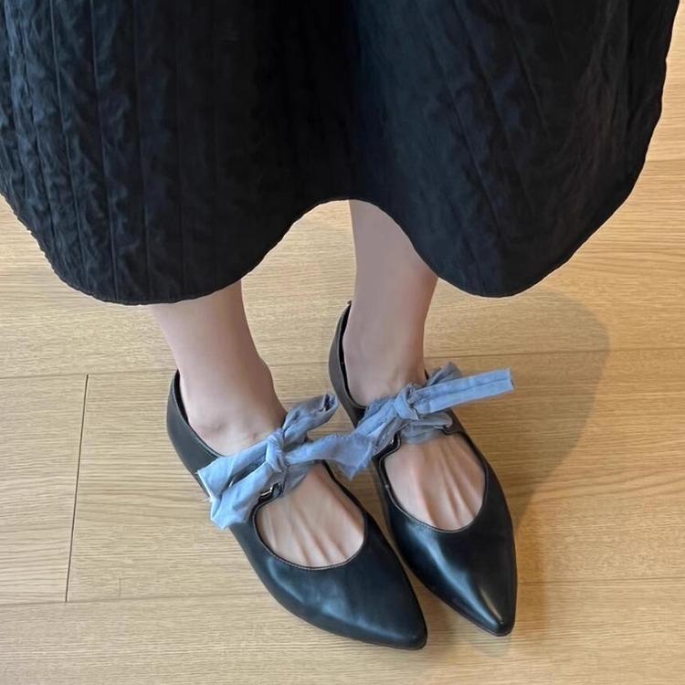 Cowhide version~ pointed lace-up literary and artistic ballet shoes for women's niche light luxury bow shallow mouth Mary Jane single shoes