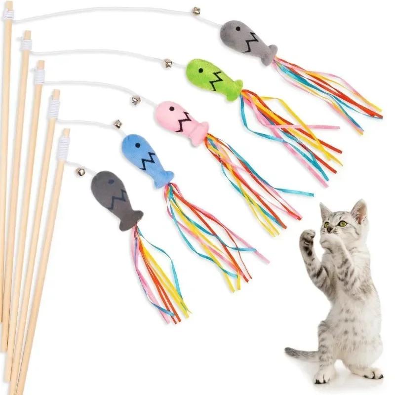 Fashion Cat Wand Toy, Natural Wooden Cat Teaser Wand for Cat, Interactive Elastic String Cat Stick Pole Toy for Indoor Cats