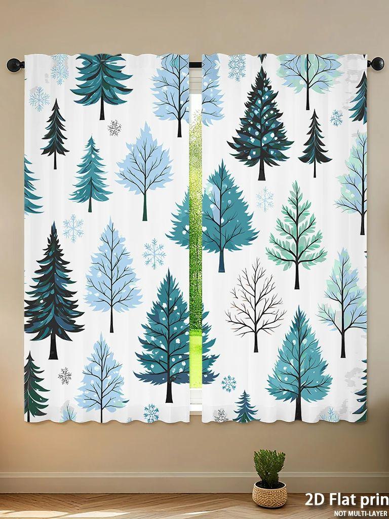 Piece Set High Definition Digital Printed Curtainswatercolor Blue Green Pine Tree Patternhome Decoration Style Curtains Made Of Polyester