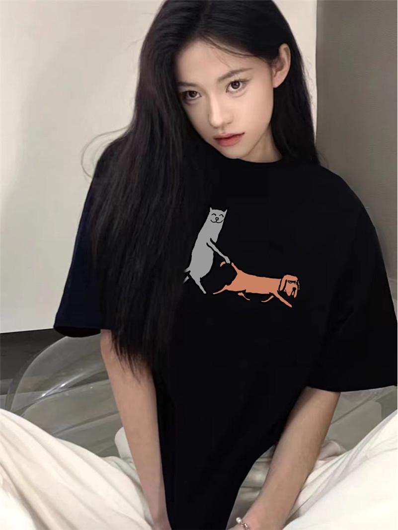 

Женская футболка с коротким рукавом большого размера - 2025 Лето, хлопок, прямой плечевой шов, свободный крой в американском стиле M чёрный