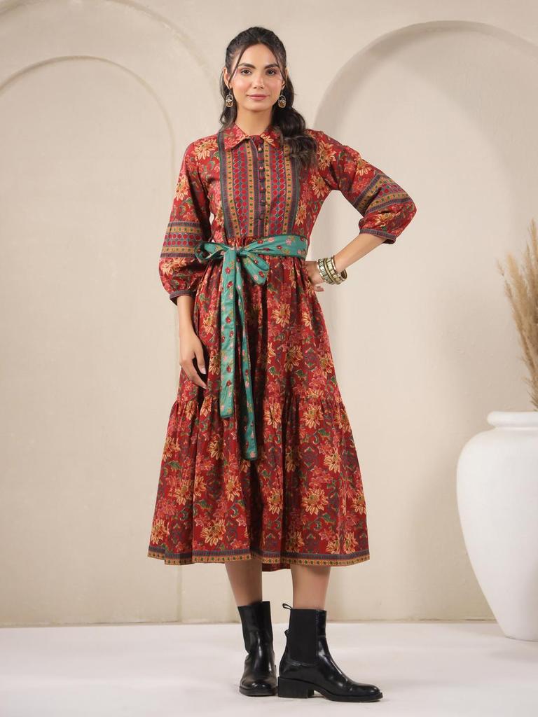 Hand Block Printed Dress Midi Dress Cotton Floral Dress Red Green block print Dress Handmade in India TIER Dress with pockets,belt
