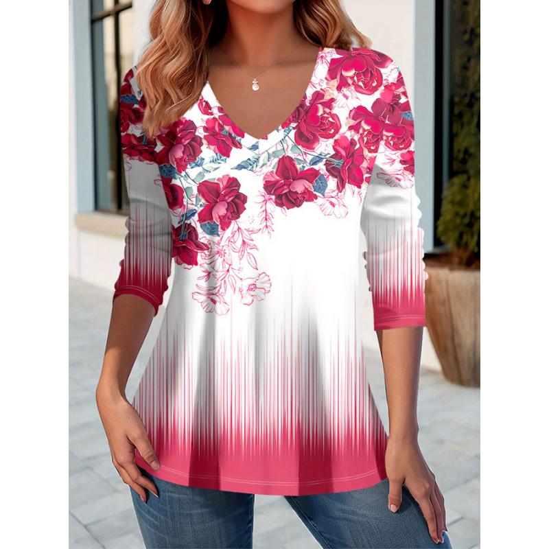 Women's Elegant V-Neck Marble Print Long Sleeve T-Shirt Soft Polyester Great for Autumn and Winter Casual Wear Floral Print Tops