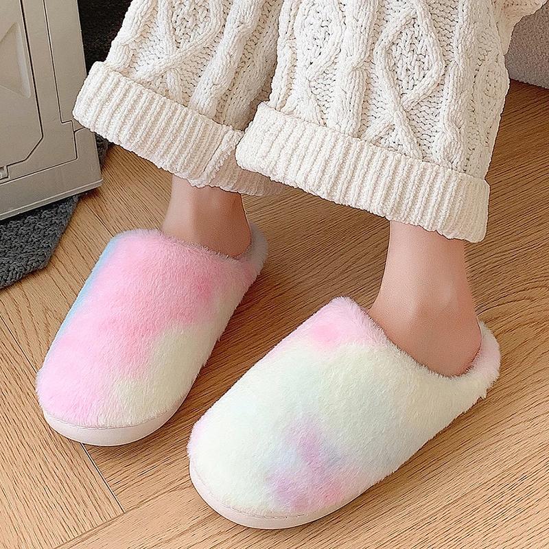 Tie Dye Fluffy Slippers for Women's New Winter Comfortable Warm Plush Indoor Home for Fashion Gradient Soft Fluffy Slippers
