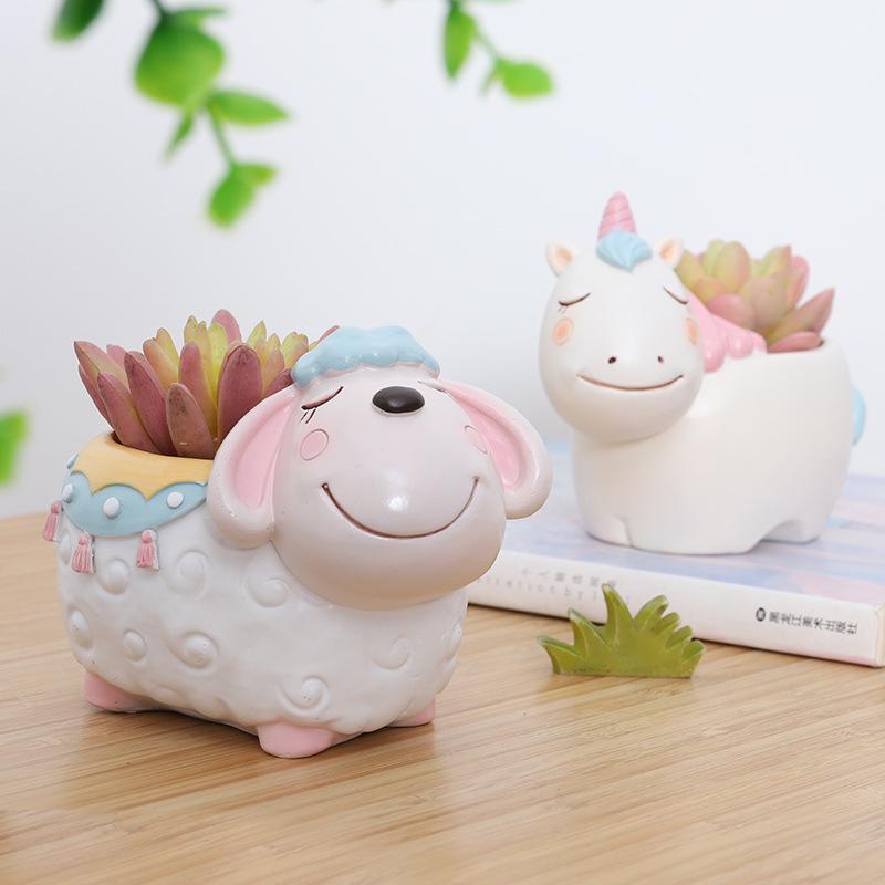 Cartoon Animal Flower Pot for Succulents Cactus Plants, Unicorn Elephant Bear Fairy Garden Figurine, Home Tabletop Decor