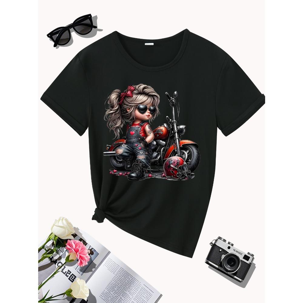 Print with Heart Details Stretch Round Neck Casual & Festive Wear Women's Black Motorcycle Graphic T-Shirt