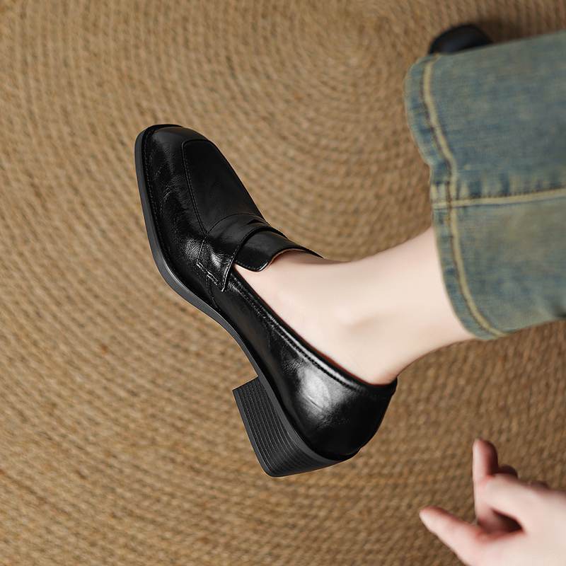 Krazing Pot Sheepskin Autumn Winter Shoes Slip on Med Heels Size 42 Square Toe Brown Color Pumps