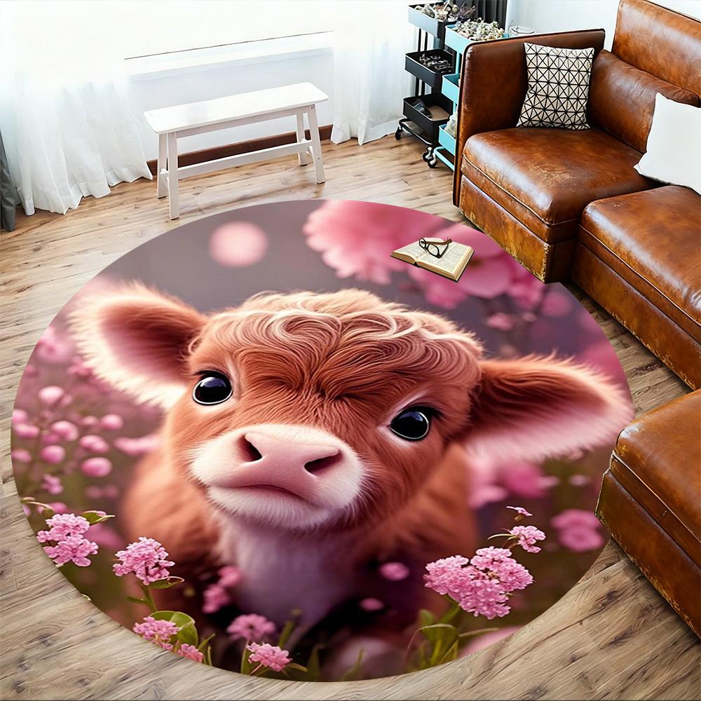 1PC Cow Flowers Pastoral Round Chair Mat Area Rug - Non-Slip, Floor Mat for Office, Bedroom, Home Decor Christmas Gift C0528066