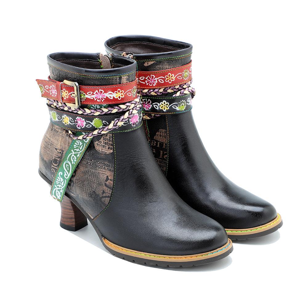 Johnature Echtes Leder frauen Kurze Stiefel Retro Woven Gürtel Schnalle Mode Dame High-heeled Schuhe