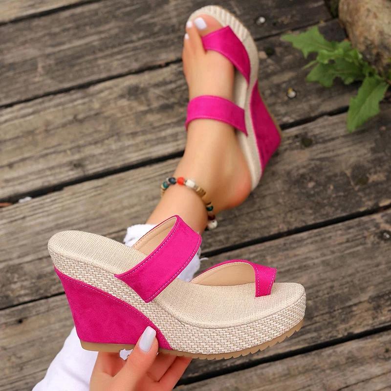 Fashion Summer Rosy Red Thick Bottom Slippers Women Fashion Office High Heel Platform Slides Woman Party Wedding Open Toe Sandals Mujer