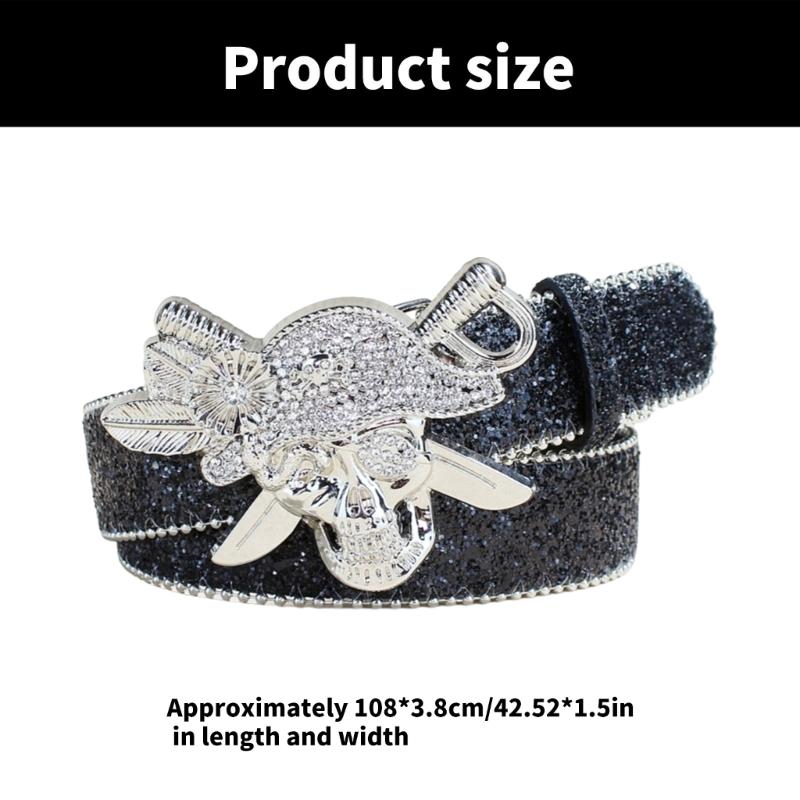 Sparkly Beaded Waist Belt Rhinestones Skull Buckle for Hot Girl Glitter Trendy Underbust Waist Chain Belt Disco Party