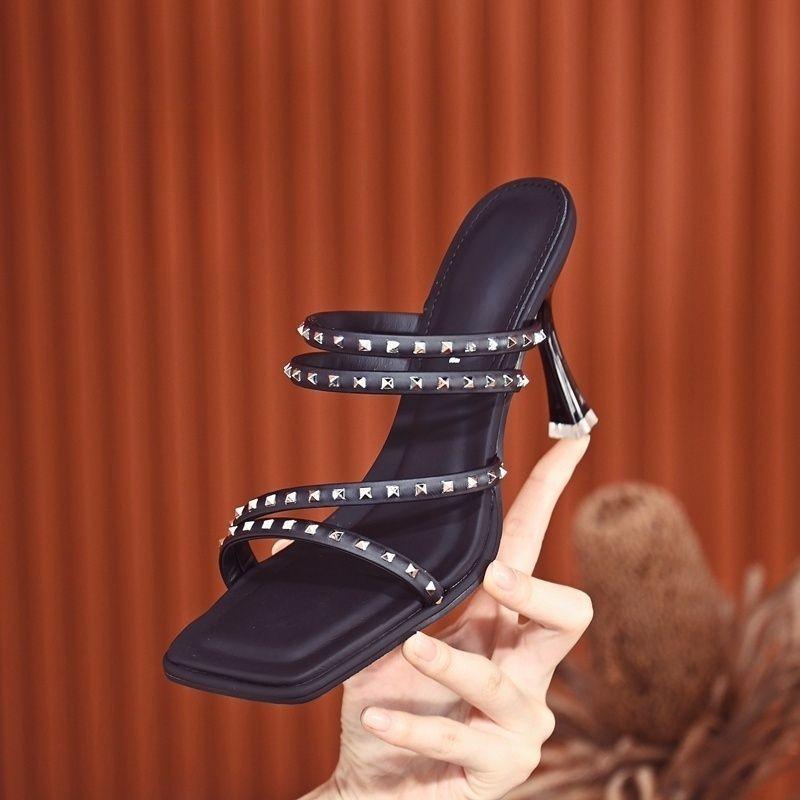 

Fashion Temperament Stiletto Sandals Summer New Square Head Rivet Metal Buckle Set Foot Non-slip High-heeled Shoes for Women 34 чёрный