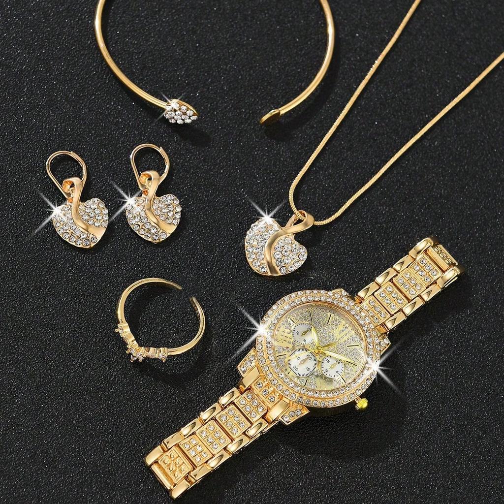 6PCS/set Women Watch Luxury Elegant Alloy Watch Crystal Wristwatch For Ladies Gift Quartz Watch Alloy Rhinestone Bracelet Montre