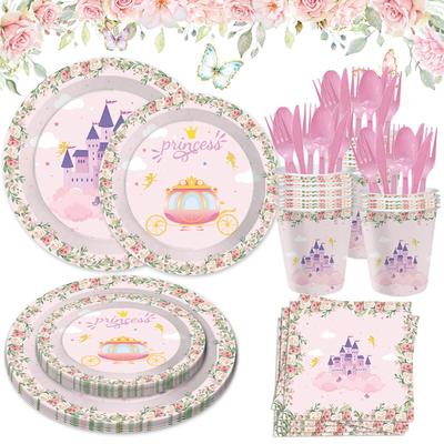 Rosa Prinzessinnenschloss Geburtstagsparty Pappteller Set Kinderparty Geschirr Dekoration Party Arrangement