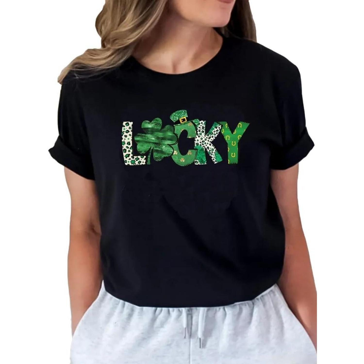 Womens St Patrick s Day T-Shirt Let s Get Lucked Up Shirt Irish Clover Funny Holiday Lucky Graphic Tee Tops S чёрный
