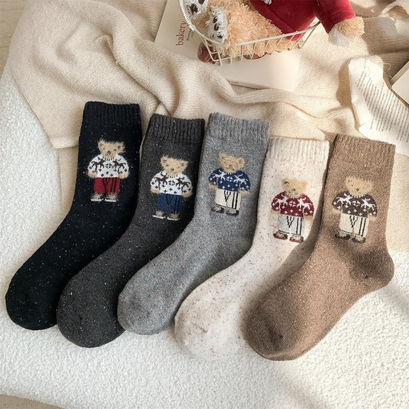 Thick Wool Mid-calf Socks for Autumn and Winter, Retro Dot Yarn, Fluffy Little Bear Long Socks, Warm and Cute Cartoon Trendy Socks