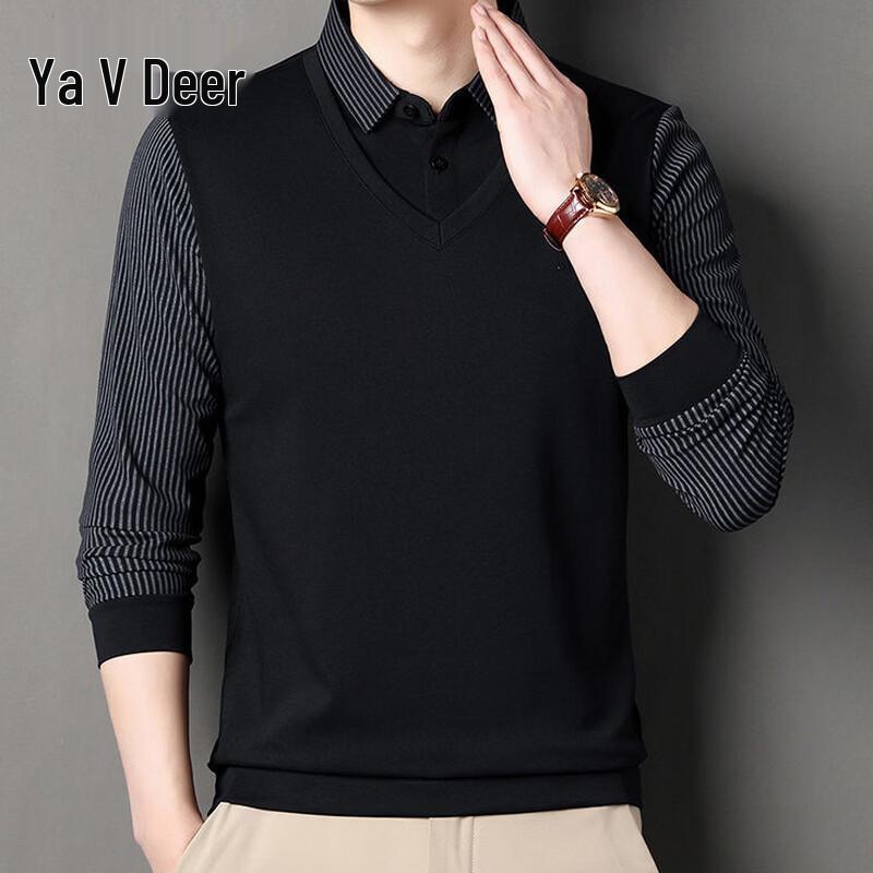 Yalu Men's Faux Two-Piece Striped Long Sleeve Knit Polo