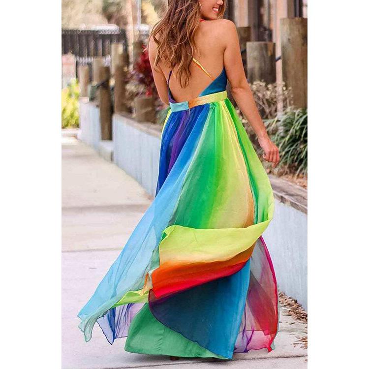 Nové jarní a letní evropské a americké, dámské dlouhé šaty sexy hluboký V duhový síťovaný overal, šaty