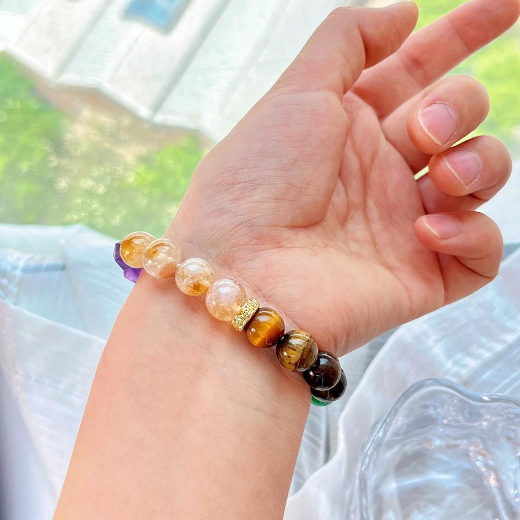 10Mm Natural Amethyst Tiger'S Eye Yellow Tower Crystal Green Chalcedony Design Bracelet