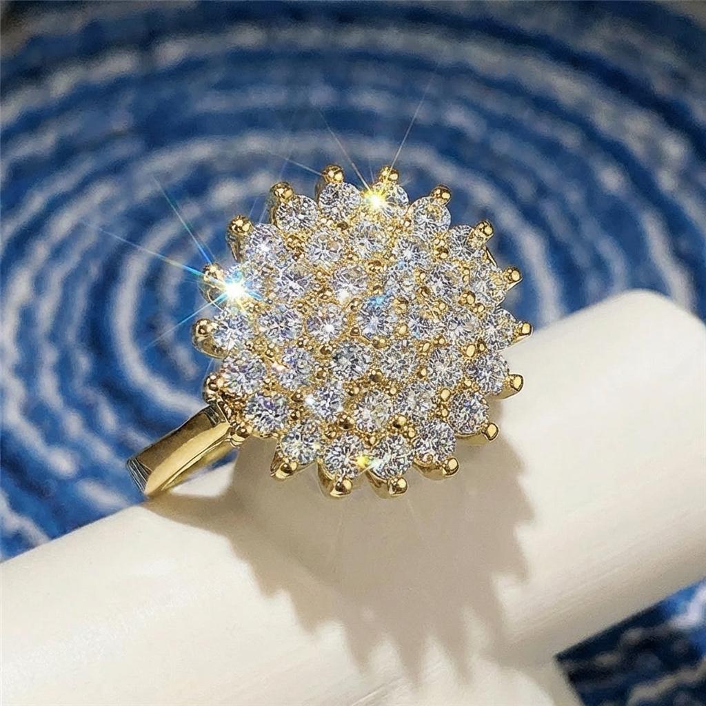 Luxury Elegant Big Flower Zircon Ring for Women Sparkling Cubic Zirconia Sunflower Finger Rings Wedding Promise Bridal Jewelry