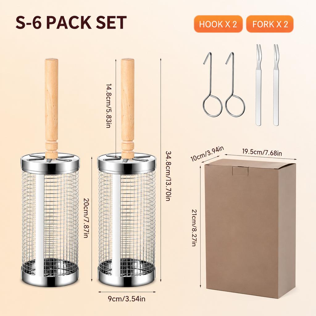 4/6/8 Pack Stainless Steel Rolling Grilling Basket Set Wooden Handle Outdoor Camping BBQ Vegetable Meat Grilling Accessories