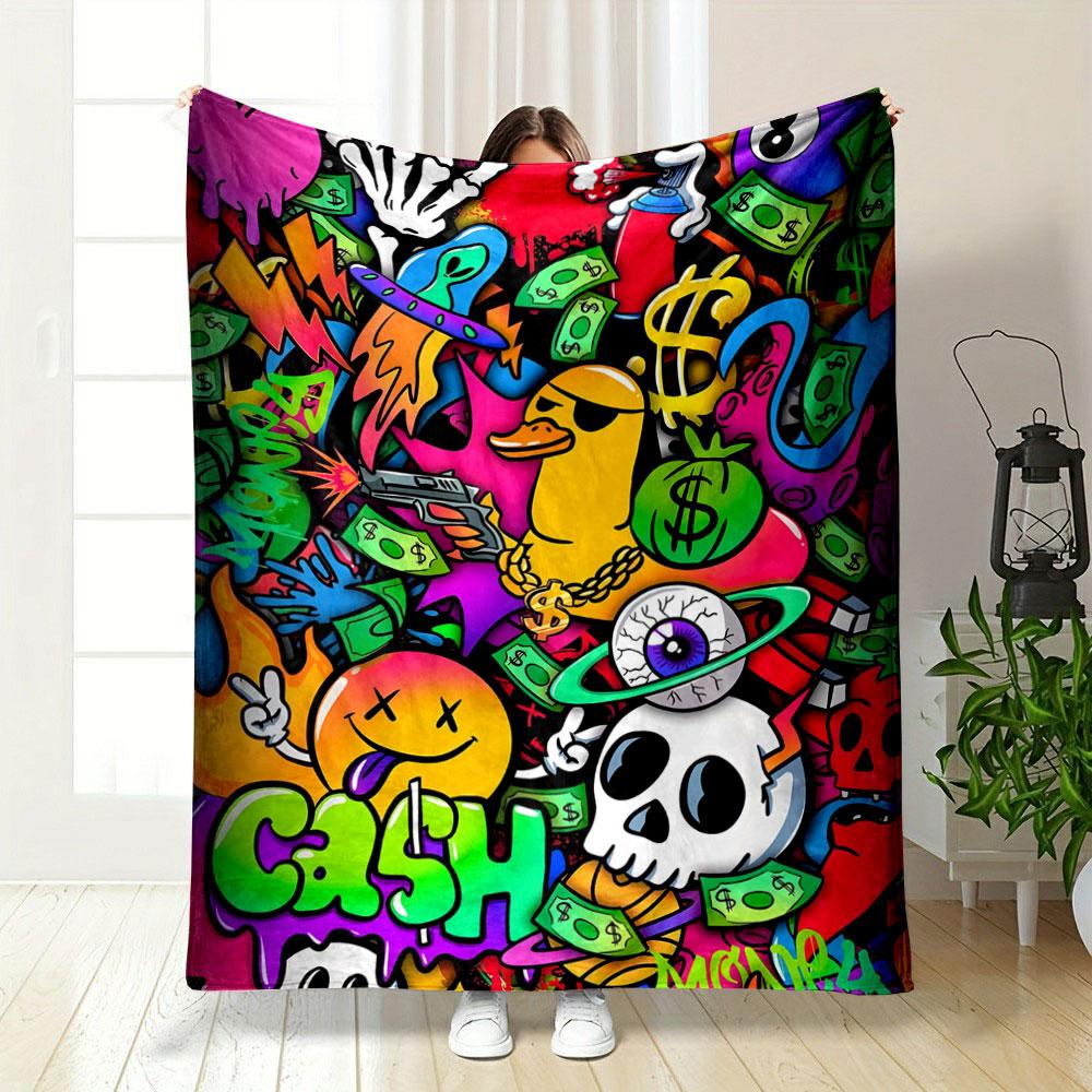 Vibrant Graffiti Collage Featuring Cash, Skulls, Aliens, and Playful Icons. for All Seasons Blanket Lunch Break Throw Gift