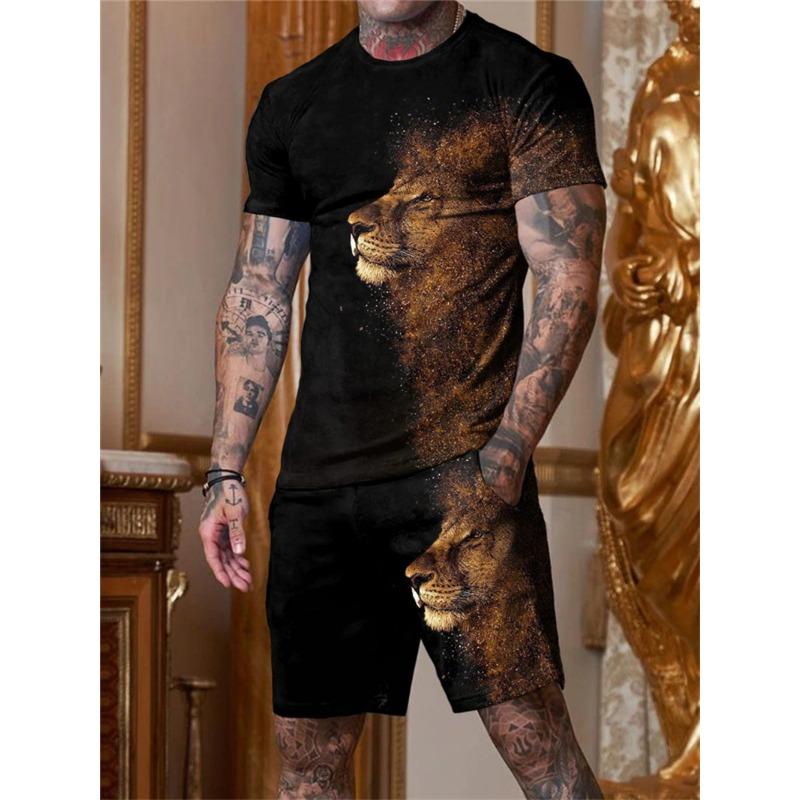 Luxury Brand 3D Lion Printed Men's T-Shirt Set Summer O-Neck Short Sleeve Oversized TShirt Top 3D Style Men's Casual Fashion Set