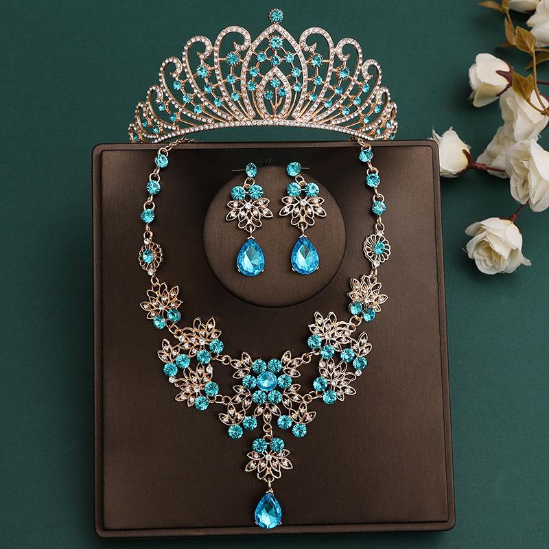 DIEZI Korean Sky Blue Crystal Crown Women Girls Headwear Luxury Bridal Bride Tiaras Necklace Earrings Wedding Party Jewelry Sets