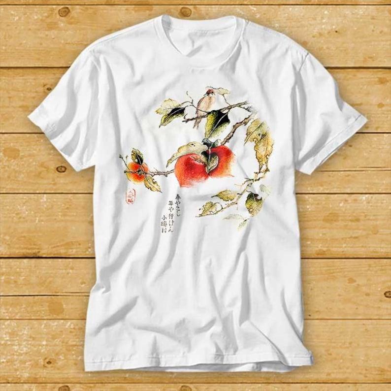 

230 Gsm 100% Cotton Sparrow Peach Asian Oriental Zen Art Japanese Botanical Bird Animal T Shirt 1943 3XL білий