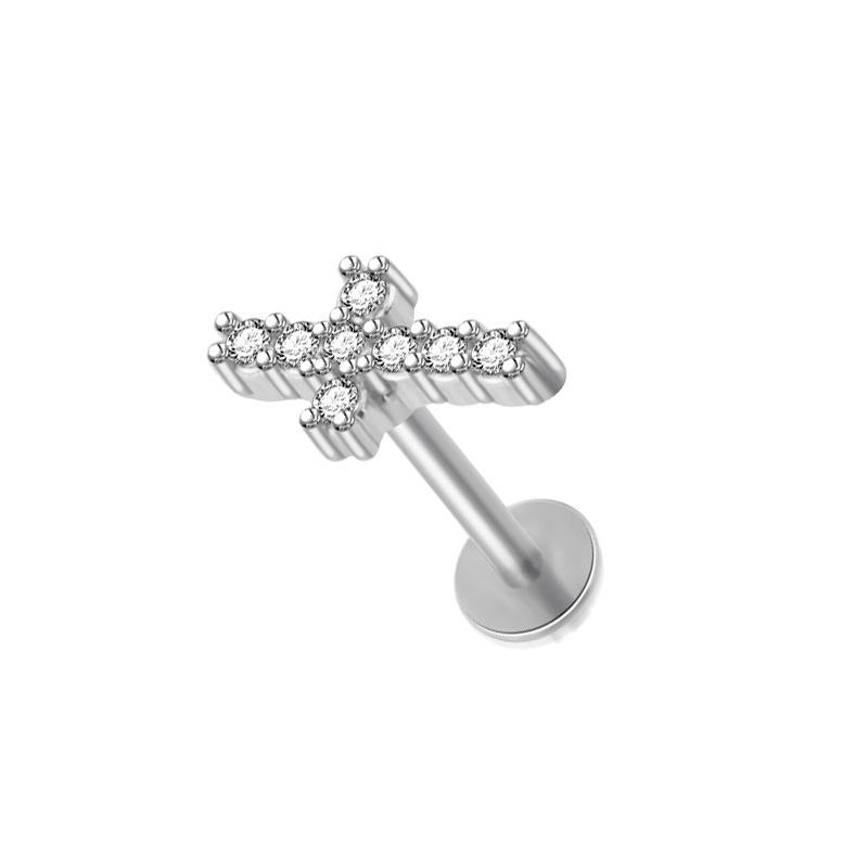 Steel Bar Heart & Cross Zircon Earrings - Women's 16G Cartilage & Lip Studs
