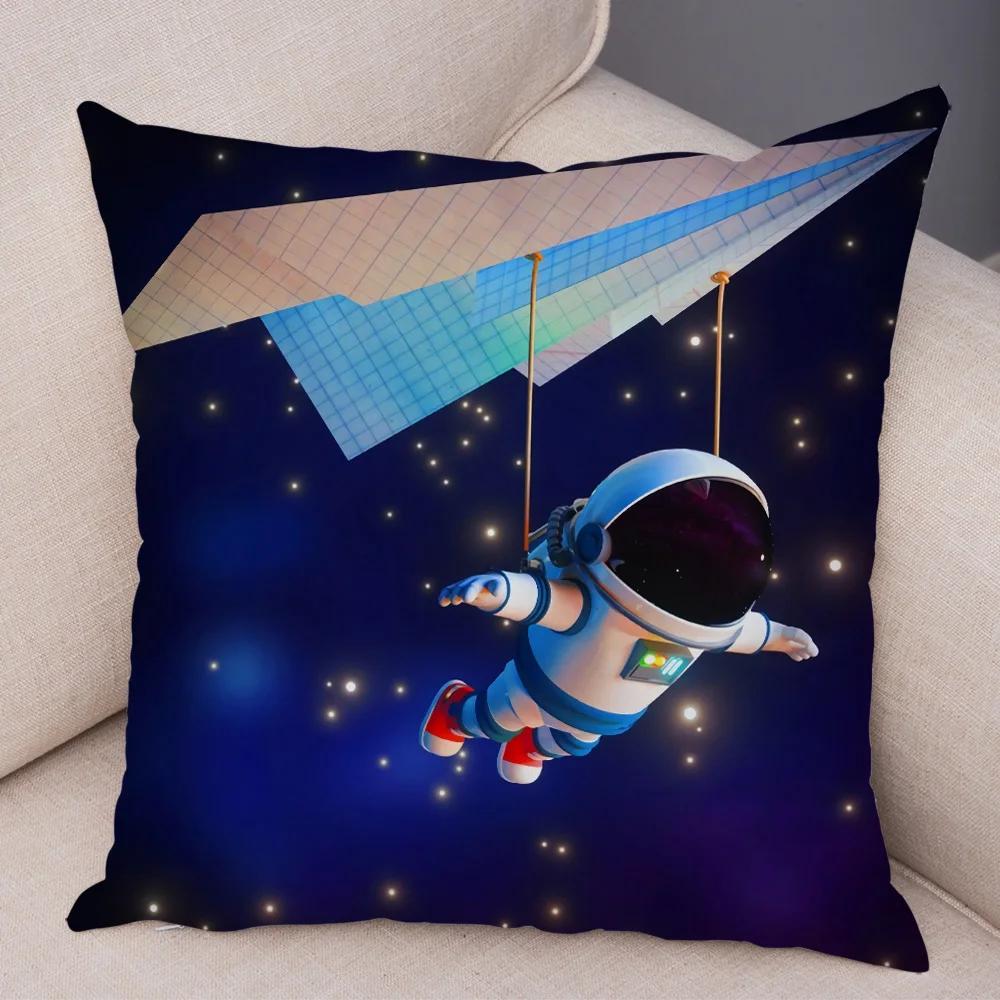 Cartoon Astronauten Kissenbezug Weicher Plüsch Dekor Kosmischer Himmel Kissenbezug für Sofa Zuhause Auto Doppelseitiger Druck Kissenhülle Kinderzimmer