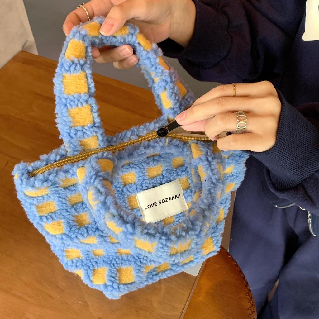 Jesienno-zimowa gofra z włosia jagnięcego Śliczna podręczna torba z grubej bawełny Damska przenośna torebka o dużej pojemności