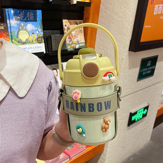 Updated Charming Double Drink Straw Thermo Water Bottle With Insulation Leather Case Kids Student Lightweight Coffee Bubble Tea Thermal Cup