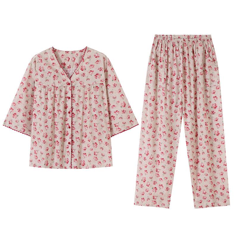 Woven Cotton Gauze Pajamas Women's Spring Cotton Seven-quarter Sleeves 1011 New Summer Cotton Mother Loungewear