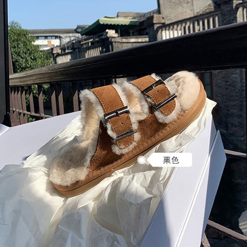 Fashion 2025 Belt Buckle Wool Slippers Women Faux Suede Shoes Winter Furry Slides Female Flats Casual Slip On Lambswool Pantuflas Home