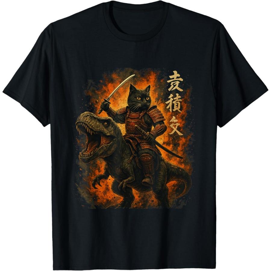 Футболка с японским черным котом-самураем, катающимся на динозавре, с иероглифами(1) XXXXXL чёрный