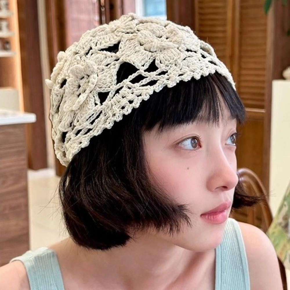 Bohemian Style Crochet Flower Knitted Hat Thin Woven Cap Sweet Hollowed Out Beanie Cap  Outdoor