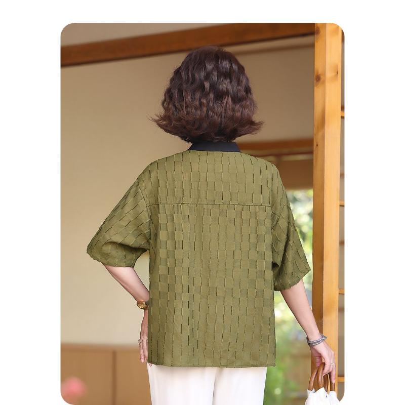 Women's Olive Green V-Neck Half-Sleeve Blouse Loose Breathable Casual Office Top