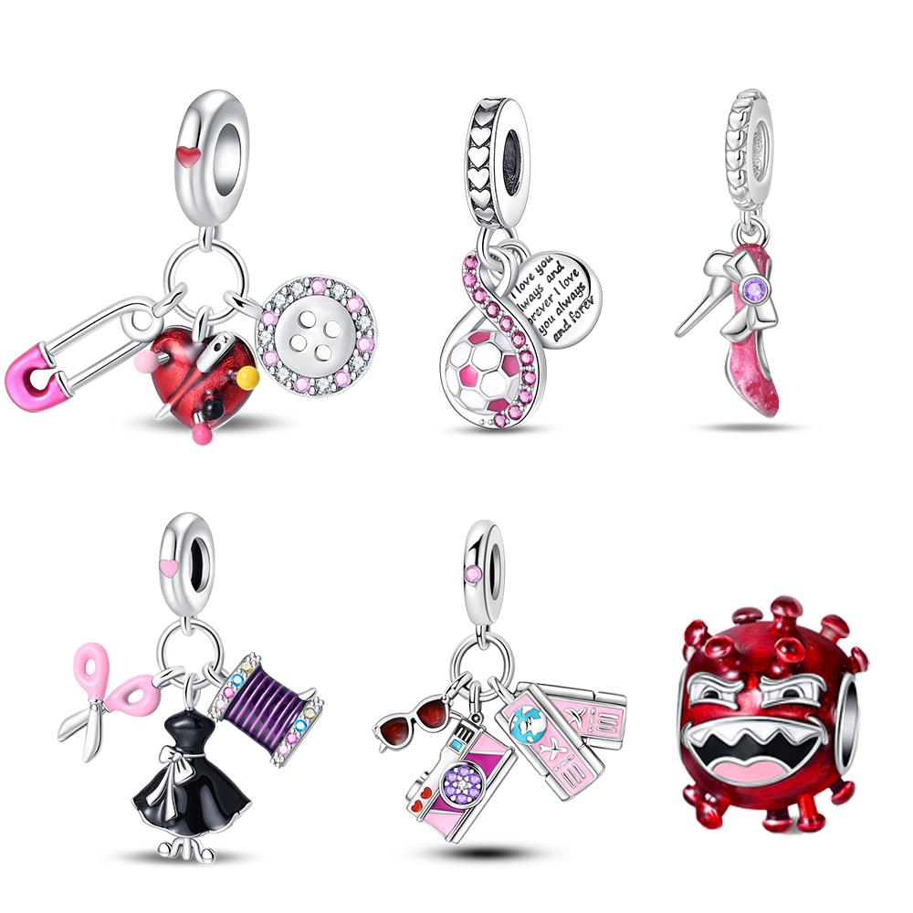 Plated 925 Silver Pink paperclip high heels Charms Fit 925 Charms Bracelet Beads Jewelry Gifts for Women