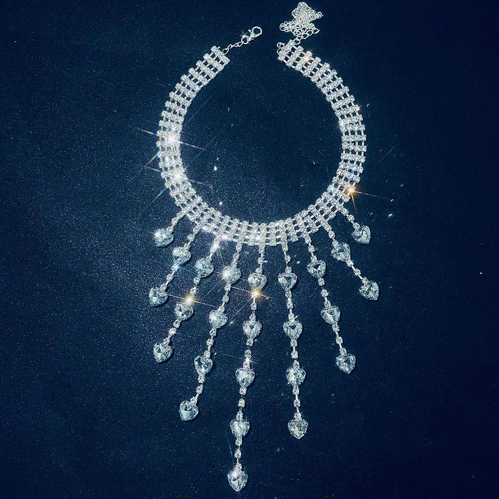 Fashion Accessories, Exaggerated Full Diamond Long Fringed Neck Chain, Trendy Versatile Multi-Layer Love Necklace