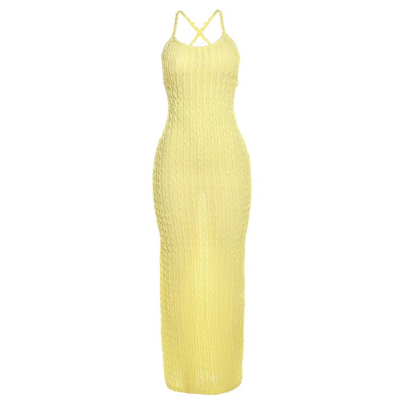 Spring New Women Fashion Strapless Backless Sexy Pure Color Popcorn Dress S жёлтый