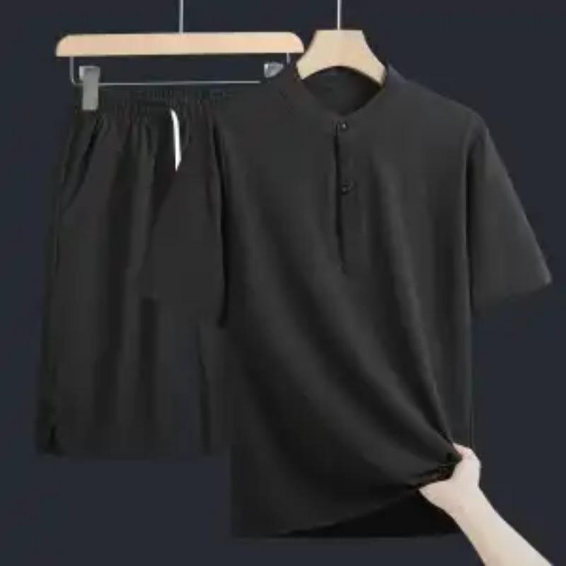 Men's Light Grey Two Piece Outfit Manin Collar Short Sleeve Top and Elastic Waist Shorts Set