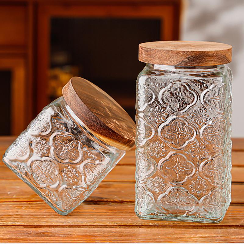 Clear Glass Storage Jar 700ml Candy Jar Household Square Glass Bottle Tea Leaves Grains Dried Fruit Snack Storage Box Home Decor