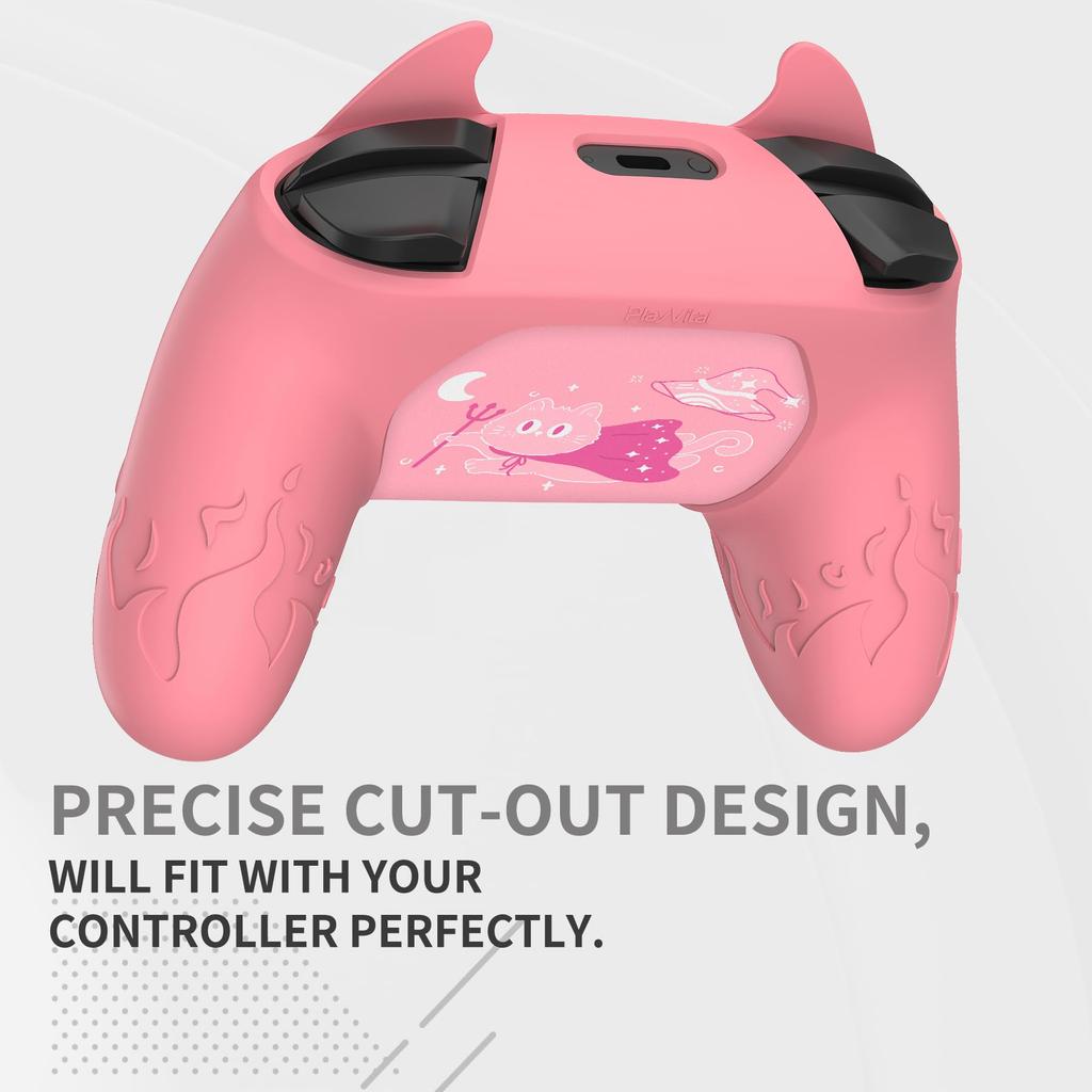 PlayVital Cute Demon Silicone Grip Cover for Nintendo Switch Pro Joystick Cap and Stickers Included Controller, [Pink]