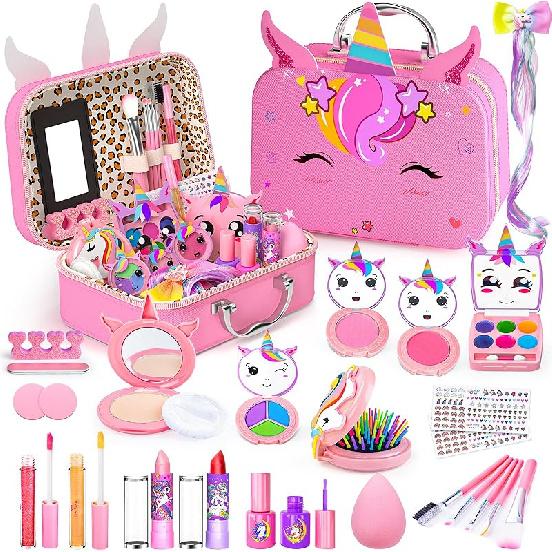 Kids Makeup Kit for Girls, Little Girls Pretend Make Up, Princess Play Makeup Set with Mirror, Toddler Toys Real Washable Cosmetic Set & Nail Kit