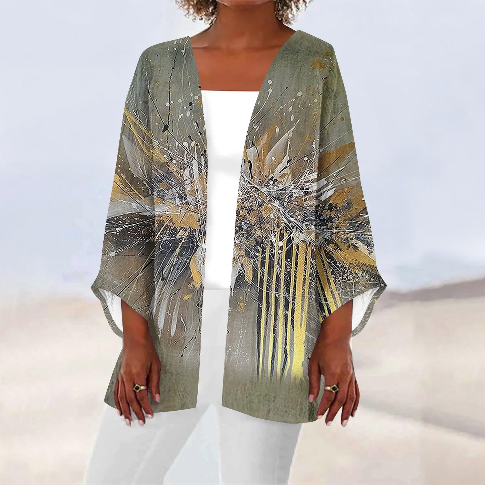 

Женская верхняя повседневная легкая куртка-кардиган средней длины с цветочным полосатым принтом XL коричневый