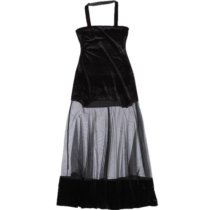 2026 Spice Girl Mesh Design Sense Solid Color Velvet Dress Women's Pure Birthday Party Dress Skinny Dress