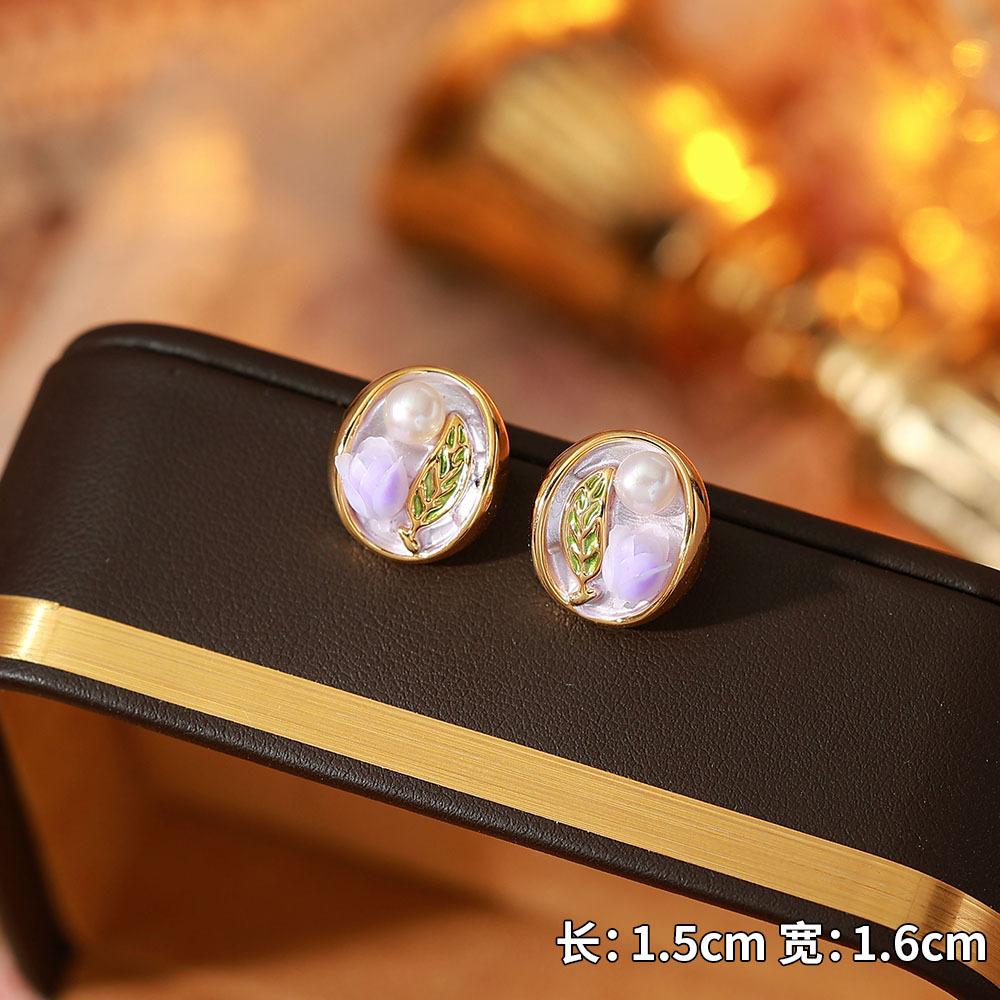 Ainibenni Original Design Enamel Painted Earrings for Women, Monet Garden Oil Painting Style Stud Earrings