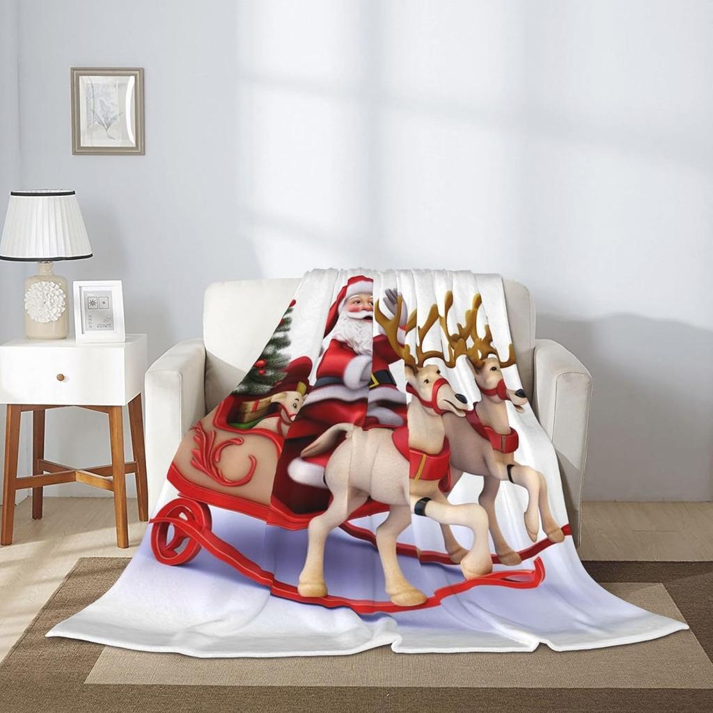 Santa Claus Reindeer Sled Throw Blanket Ultra Soft Cozy Fleece Blanket Lightweight Warm Bed Blanket All Season for Home Living