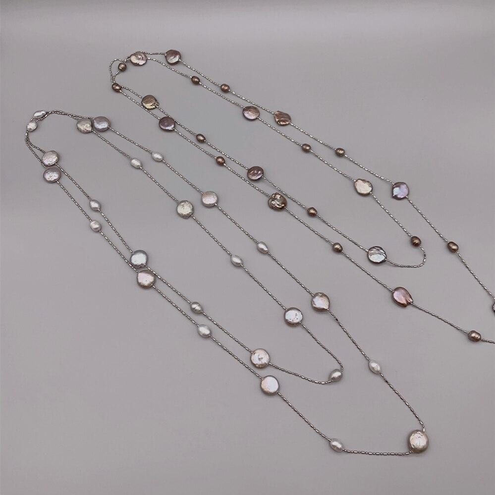Freshwater Rice Pearls Coin Pearls Long Pendant Necklace Girls Floating Style Stainless Steel For Women Chain Classic Giveaway GiftClassic Necklaces